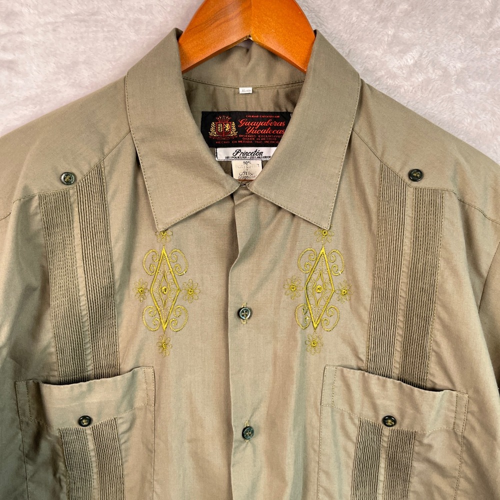 Guayaberas Yucatecas Men's Shirt XL Olive Green Embroidered Short Sleeve Mexican - Picture 4 of 8